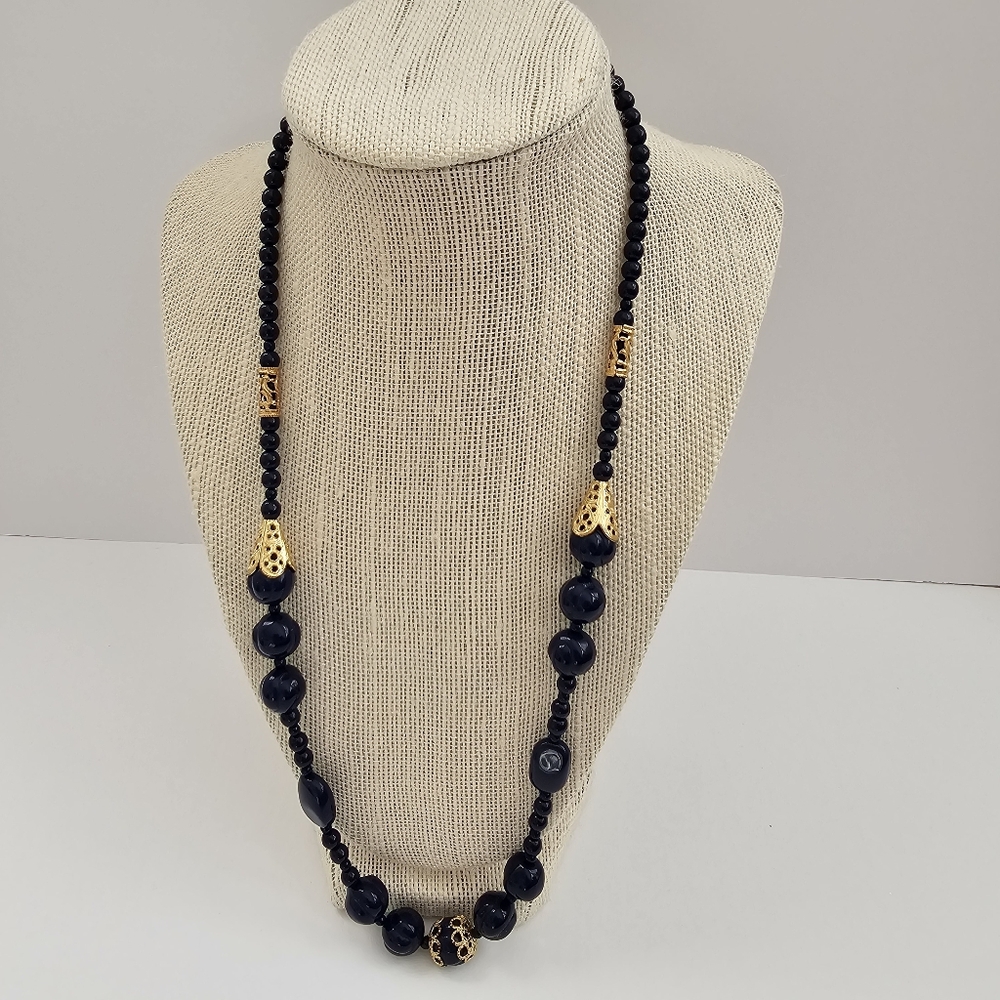 Vintage 80s Midnight Navy Blue Beaded Necklace - Gold Tone Filigree Accents